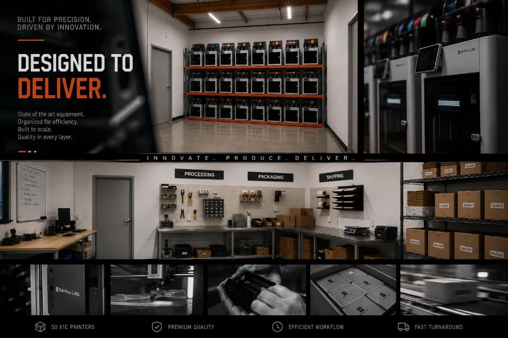 Sweet Cut Co print farm with processing, packaging, and shipping stations